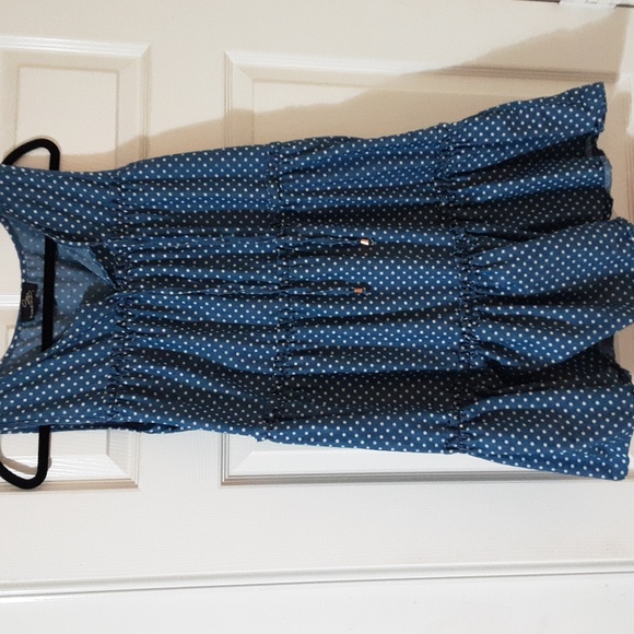 Denim Blue Polka Dot Size L Suzanne Betro Multi Tiered Ruffle Dress - Picture 1 of 7